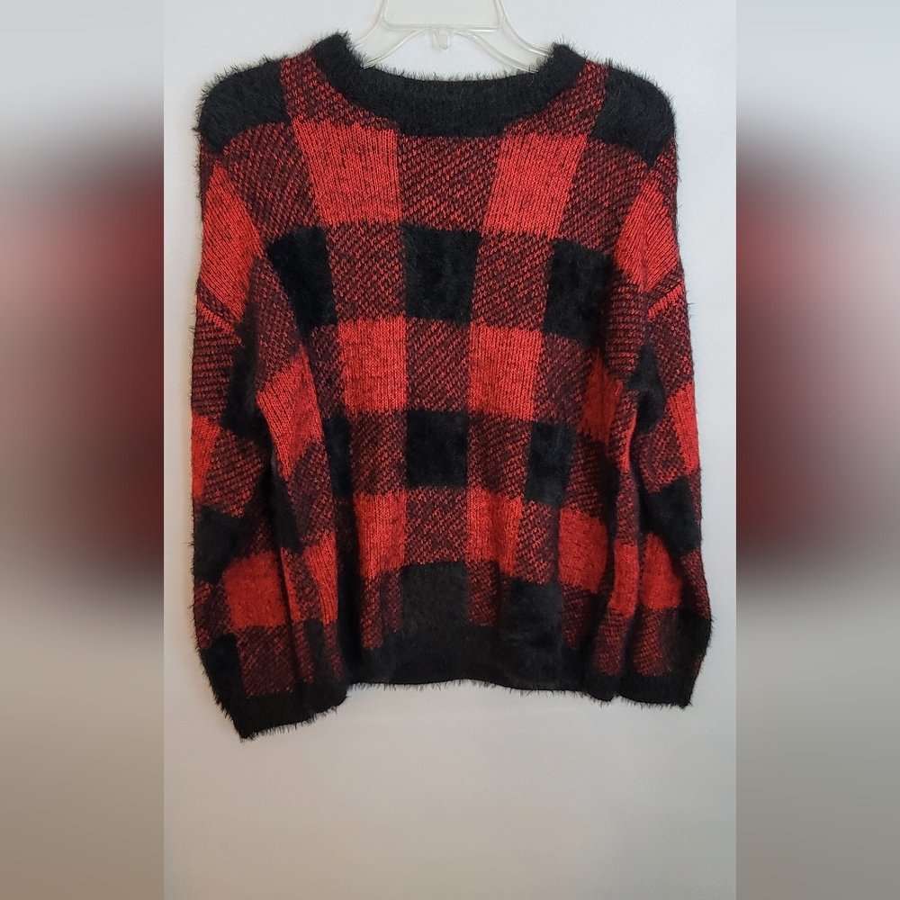 Womens Time and Tru Long Sleeve Red/Black Checked Sweater Size S